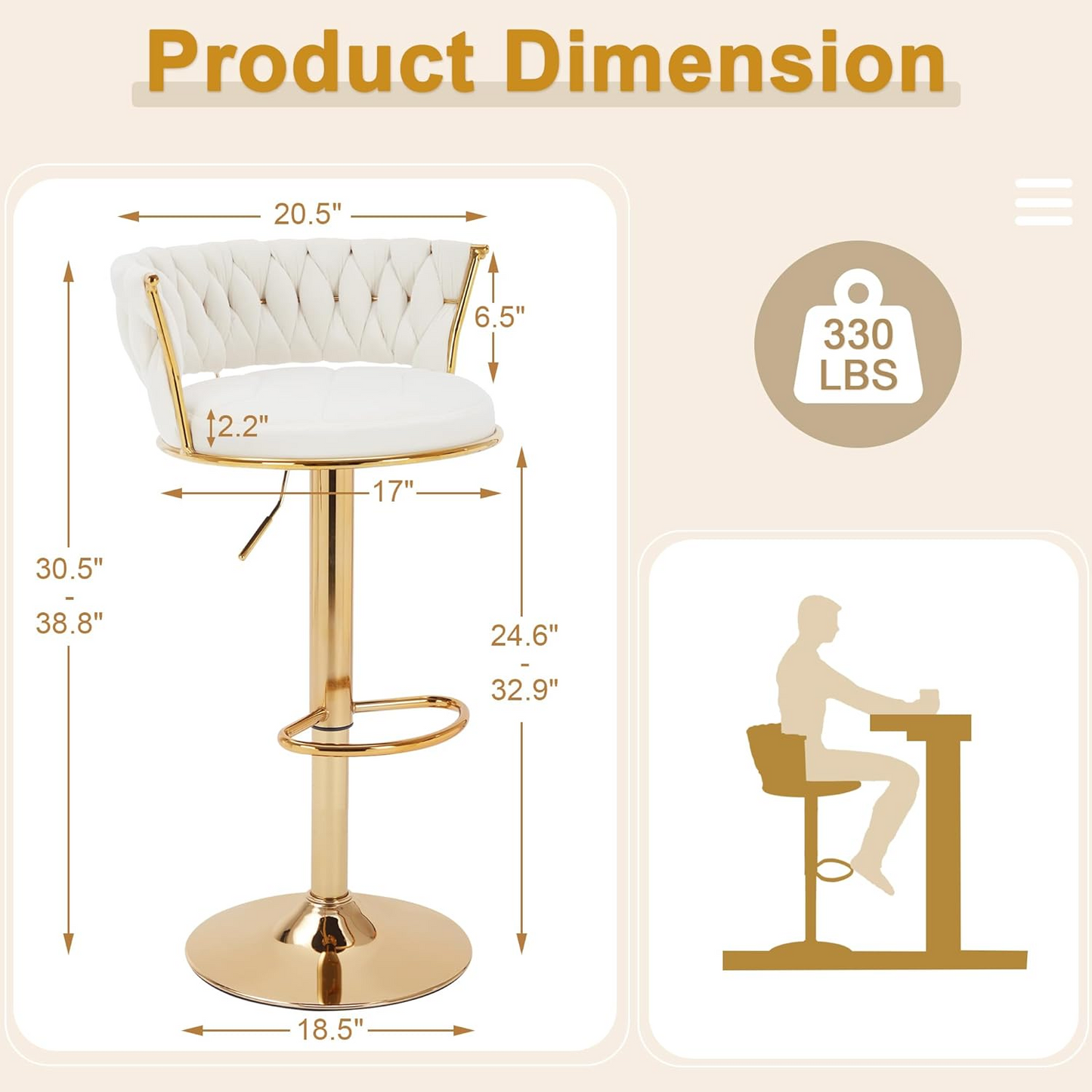 Velvet Woven Bar Stools Set of 2 Adjustable Swivel Counter Chairs