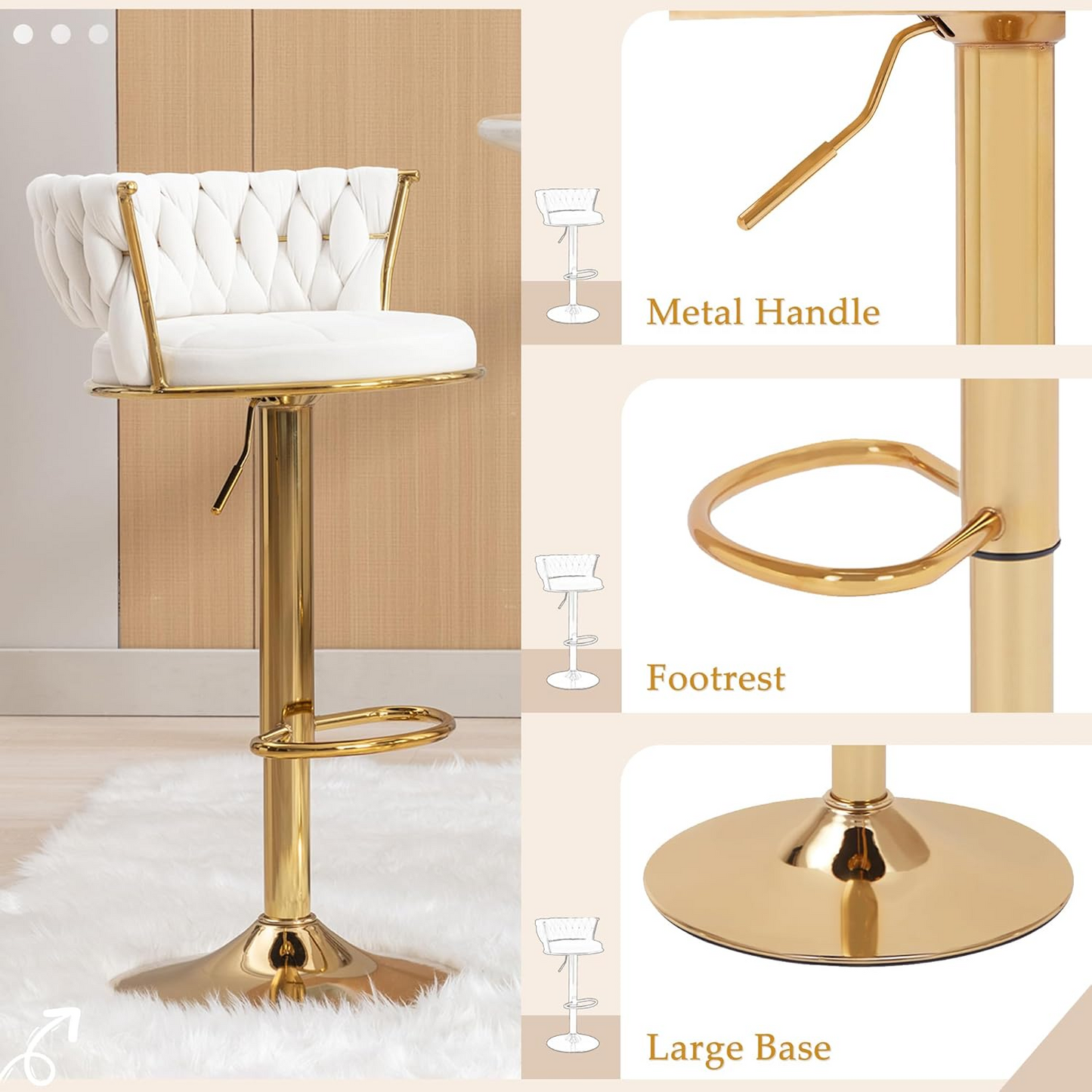 Velvet Woven Bar Stools Set of 2 Adjustable Swivel Counter Chairs
