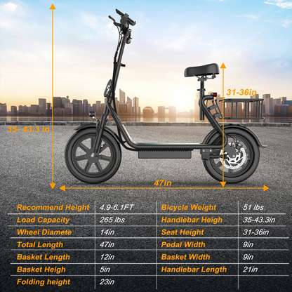 Electric Commuter Scooter with Seat & Basket