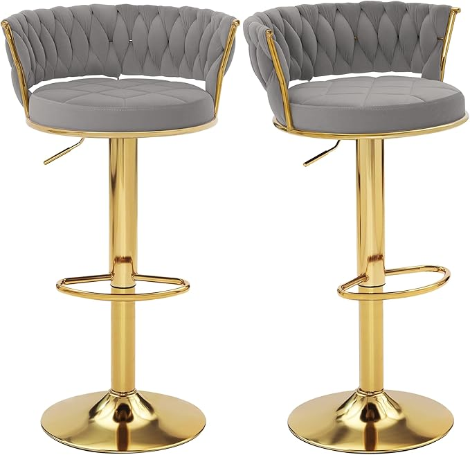 Velvet Woven Bar Stools Set of 2 Adjustable Swivel Counter Chairs