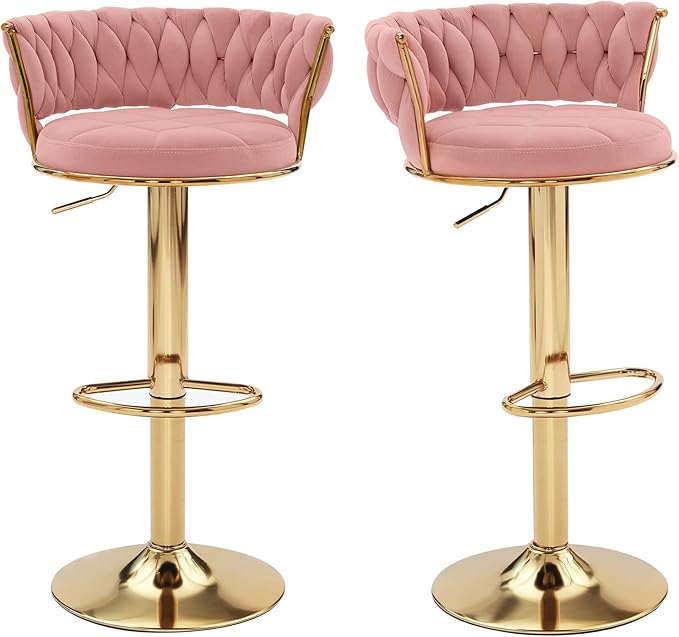 Velvet Woven Bar Stools Set of 2 Adjustable Swivel Counter Chairs