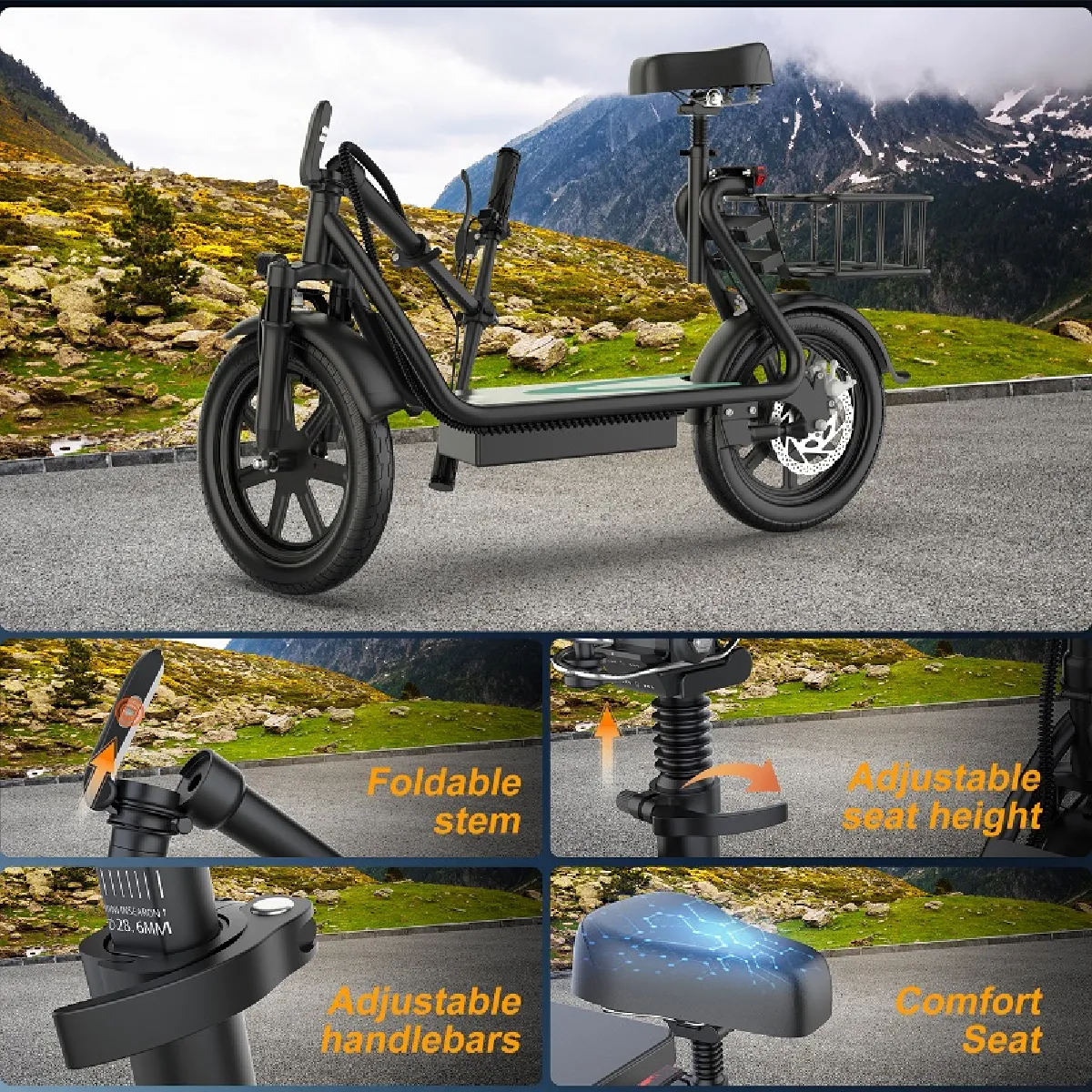 Electric Commuter Scooter with Seat & Basket